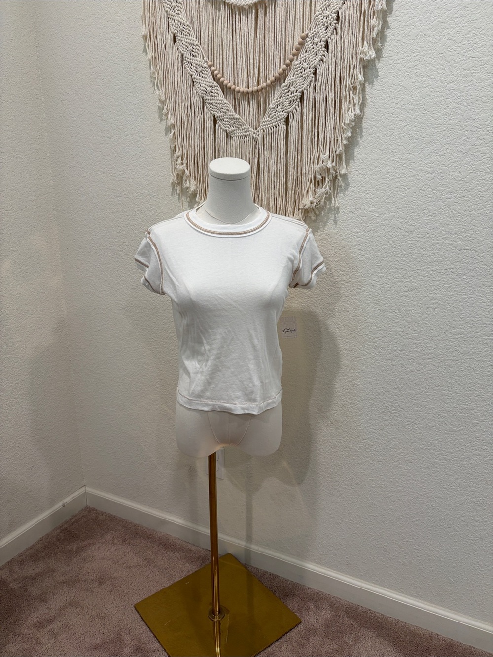 Free People Cream Short Sleeve Crewneck Tee with Contrast Stitching